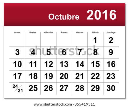 EPS10 file. Spanish version of October 2016 calendar. The EPS file includes the version in blue, green and black in different layers