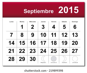 EPS10 file. Spanish version of September 2015 calendar. The EPS file includes the version in blue, green and black in different layers