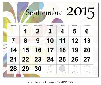 EPS10 file. Spanish version of September 2015 calendar. The EPS file includes the version in blue, green and black in different layers.