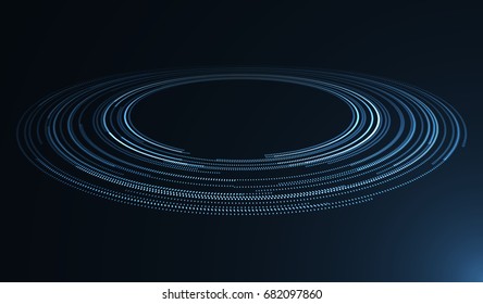 eps10. Fine circle geometric lines pattern on a black background. Glowing particles.