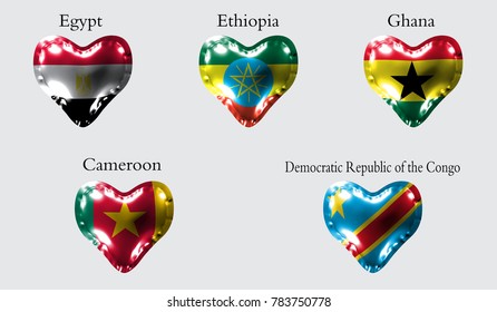eps10. Flags of African countries. The flags of Egipt, Ethiopia, Ghana, Cameroon, Democratic Republic of the Congo on an air ball in the form of a heart made of glossy material.