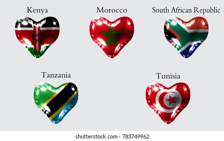 eps10. Flags of African countries. The flags of Kenya, Morocco, South African Republic, Tanzania, Tunisia on an air ball in the form of a heart made of glossy material.