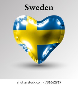 eps10. Flags of the countries of Europe. The flag of Sweden on an air ball in the form of a heart made of glossy material.