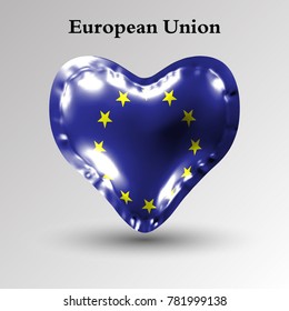 eps10. Flags of the countries of Europe. The flag of Evropean Union on an air ball in the form of a heart made of glossy material.