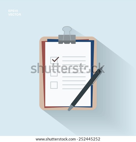 EPS10 flat design clipboard with checklist and pen for medical report, presentation, web page banner - blue, marsala version