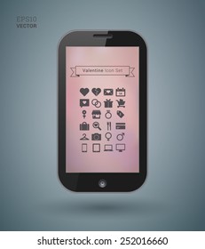 EPS10 flat icon set with realistic smart phone for valentine and love infographic - black version