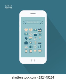 EPS10 flat icon set with smart phone for valentine and love infographic - cyan, peach version