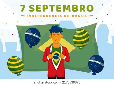 EPS10 flat illustration concept of 7 setembro independence independencia do brasil the independence of brazil with a guy ripping his shirt to reveal flag of brazil t-shirt design