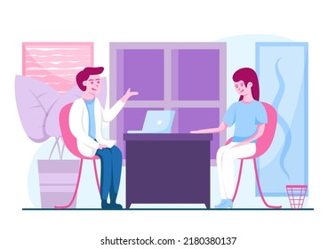EPS10 flat illustration concept of a patient and a doctor examining disease, doing a medical check up, having an appointment vector design