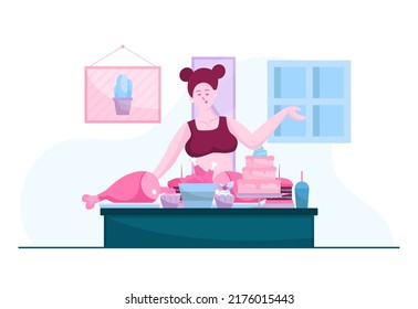 EPS10 flat illustration concept of a woman with bra and stylish hairstyle doing a mukbang or an eating show consists of fried chicken in a bucket, a birthday cake, a cocktail, a turkey meat, a hamburg