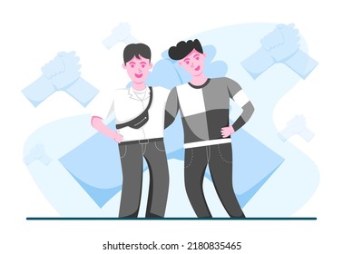 EPS10 flat illustration of two millennial boys in a friendship hugging each other with bro icons in the background design conceptual vector