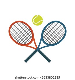 EPS10 Ícone vetor plano de raquetes de tênis com uma bola, isolado em um fundo branco. Ilustração simples e limpa de equipamentos esportivos para temas de tênis