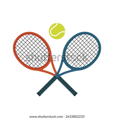 EPS10 Flat vector icon of tennis rackets with a ball, isolated on a white background. Simple and clean illustration of sports equipment for tennis themes