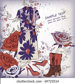 eps10 floral background with a fashion dress and shoes