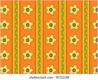 Eps10.   Floral vector orange striped wallpaper background with yellow flowers, bud vine and quilting stitches.
