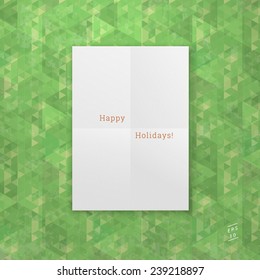 EPS10 folded paper sheet with seamless triangle background for holiday greeting, web design, banner, brochure layout - green version