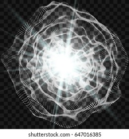 EPS10 format. Array with Dynamic Emitted Particles. 3D Technology Style. A Glowing Grid. Abstract Background. Vector Illustration.