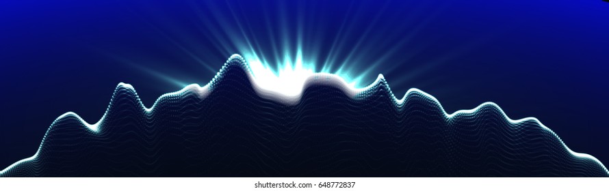 EPS10 format. Array with Dynamic Emitted Particles. 3D Technology Style. A Glowing Grid. Abstract Background. Vector Illustration.