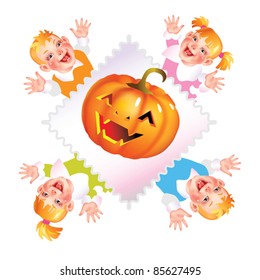EPS10/ Four of laughing children and a pumpkin for Halloween on a white background