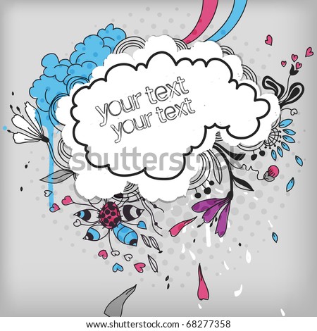 eps10 frame with colorful hand drawn flowers, clouds, drops and hearts.