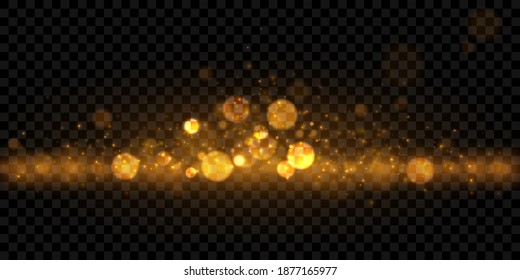 Eps10 Glowing gold bokeh effect on dark transparent background. Blurred golden lights isolated.
