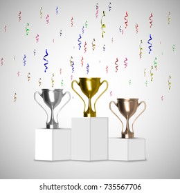 eps10. Gold, Silver and Bronze Trophy Cup on prize podium isolated. Vector illustration