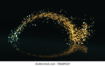 Eps10. Golden sparks flying on a black background. Reflection from the surface. Vector illustration