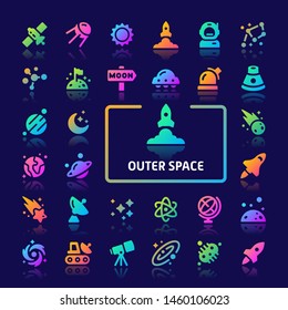 EPS10 gradient vector icons related to galaxy and outer space. Symbols such as planets, stars and solar system are included in this set.