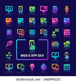 EPS10 gradient vector icons related to web & app development. Symbols such as code editor, IDE, and other programming related items are included.