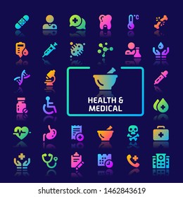 EPS10 gradient vector icons related to health and medical. Symbols such as drugs, microorganisms and laboratory equipments are included in this set.