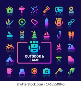 EPS10 gradient vector icons related to outdoor activity and camp. Symbols such as outdoor equipment and activity are included in this set.