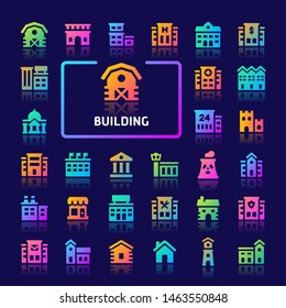 EPS10 gradient vector icons related to buildings and architecture. Symbols such as residential, commercial, public and private buildings are included.