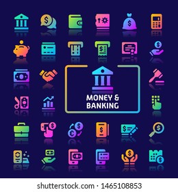 EPS10 gradient vector icons related to money and banking. Symbols such as money, banking and financial are included in this set.