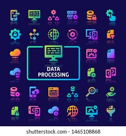 EPS10 gradient vector icons related to data processing. Symbols such as data manipulation, data conversion & data filtration are included in this set.