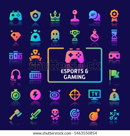 EPS10 gradient vector icons related to esports and gaming. Symbols such as game equipment and competition are included in this set.