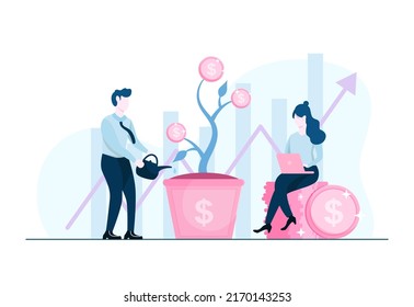 EPS10 growing money gold coins dollar on a pot, bullish investment portfolio, brokers working, capital investing bullish chart flat illustration