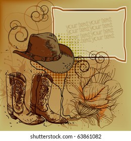 eps10 hand drawn frame with  a cowboy hat? boots and flowers