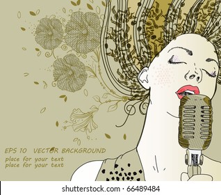 eps10 hand drawn girl singing a song on a floral background