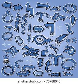 EPS10, Hand-drawn vector blue arrows icon set for web page design (stickers big  collection)