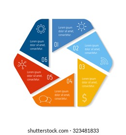EPS10 hexagonal infographic diagram with triangle parts and rounded corners. Circular connected chart with 6 options. Progress steps for tutorial. Business concept sequence banner, process layout.