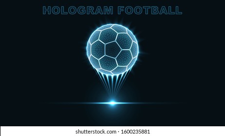 eps10. Hologram of a soccer ball. Neon glow of a silhouette of dots and triangles. Abstract vector background.