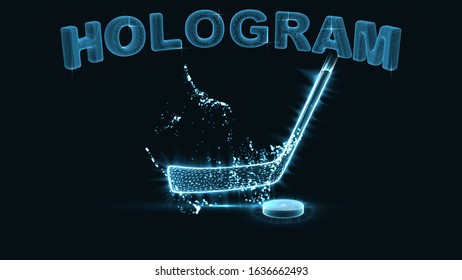 eps10. Holographic image of a hockey stick and puck on a black background. Sports illustration.