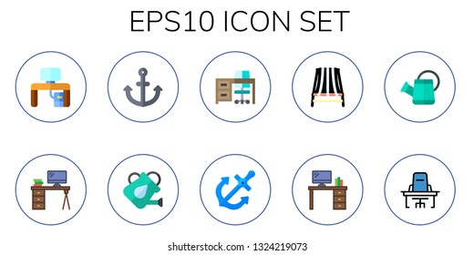 eps10 icon set. 10 flat eps10 icons.  Collection Of - desk, anchor, watering can, beach chair