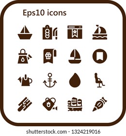 eps10 icon set. 16 filled eps10 icons.  Collection Of - Sailboat, Cutting board, Bookmark, Watering can, Anchor, Paint drop, Salon chair, Pastry bag