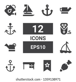 eps10 icon set. Collection of 12 filled eps10 icons included Pastry bag, Bookmark, Desk, Anchor, Sailboat, Watering can, Electric shaver