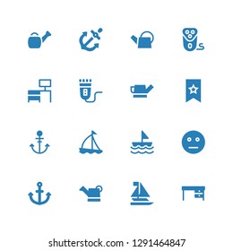 eps10 icon set. Collection of 16 filled eps10 icons included Desk, Sailboat, Watering can, Anchor, Neutral, Bookmark, Electric shaver