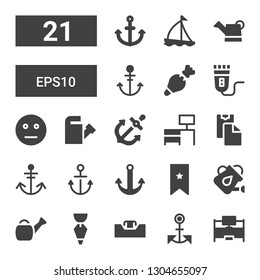 eps10 icon set. Collection of 21 filled eps10 icons included Desk, Anchor, Pastry bag, Watering can, Bookmark, Paste clipboard, Neutral, Electric shaver, Sailboat