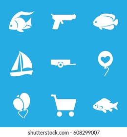 Eps10 icons set. set of 9 eps10 filled icons such as barrow, fish, heart baloons, shopping cart, gun