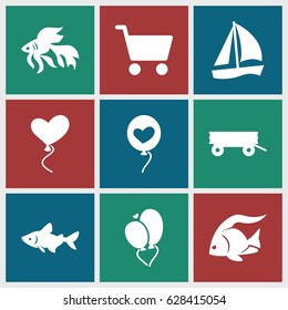 Eps10 icons set. set of 9 eps10 filled icons such as barrow, fish, heart baloons, shopping cart