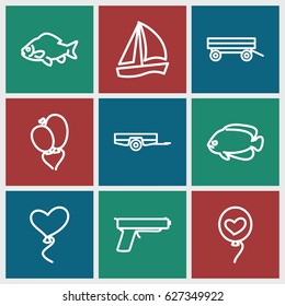 Eps10 icons set. set of 9 eps10 outline icons such as fish, barrow, heart baloons, gun